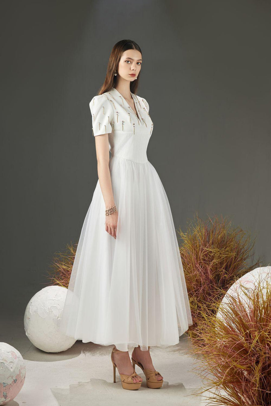Cosmo Gathered V-Neck Mesh Taffeta Ankle Length Dress 4