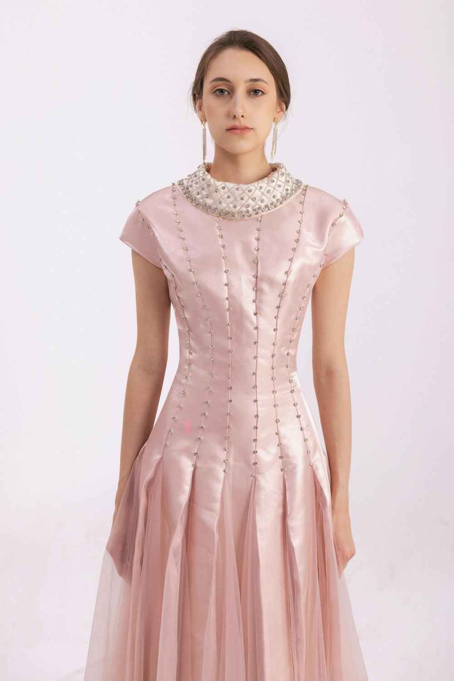 Crane Gored Stone Mesh Silk Floor Length Dress