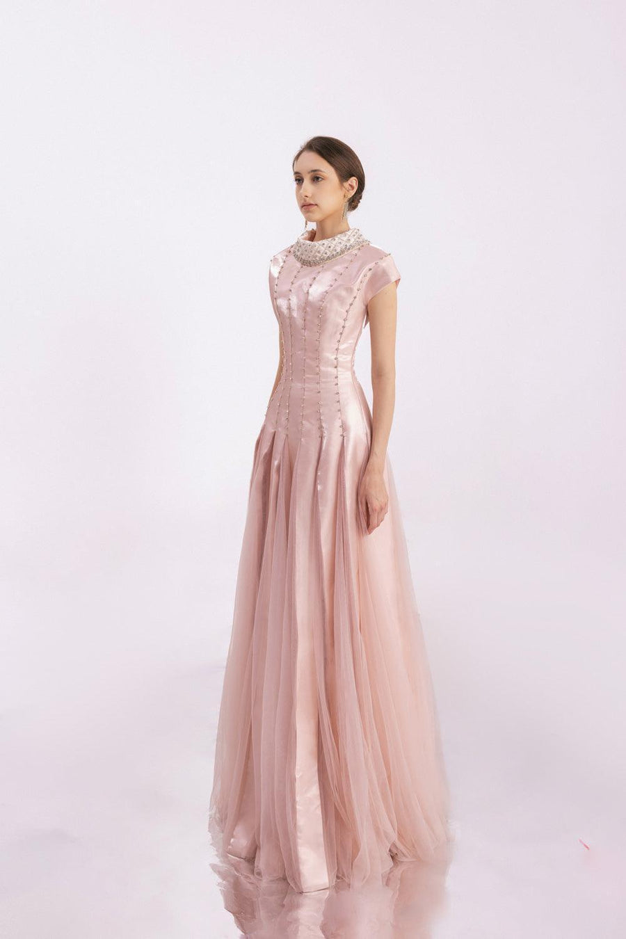 Crane Gored Stone Mesh Silk Floor Length Dress 10