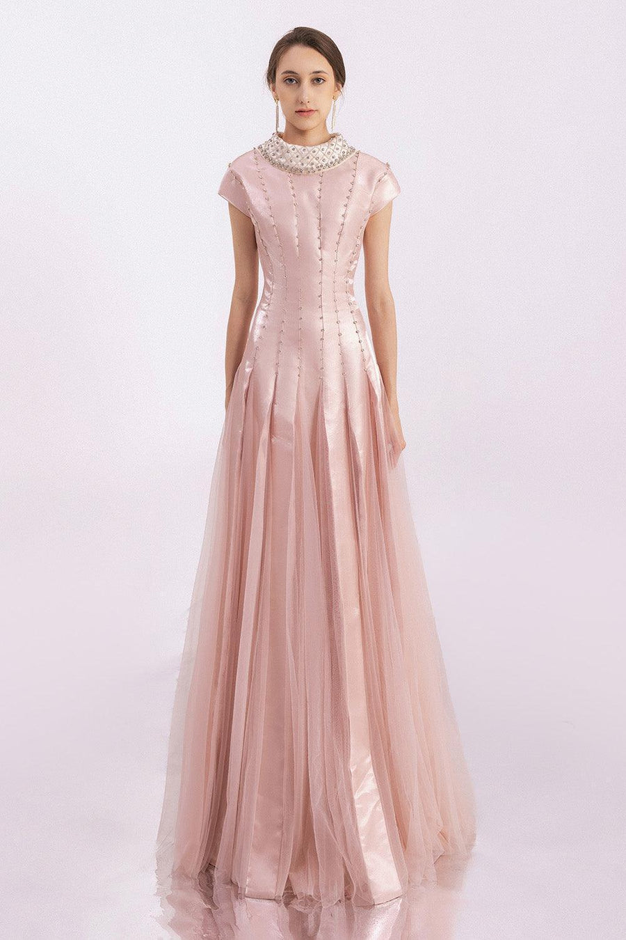 Crane Gored Stone Mesh Silk Floor Length Dress 11