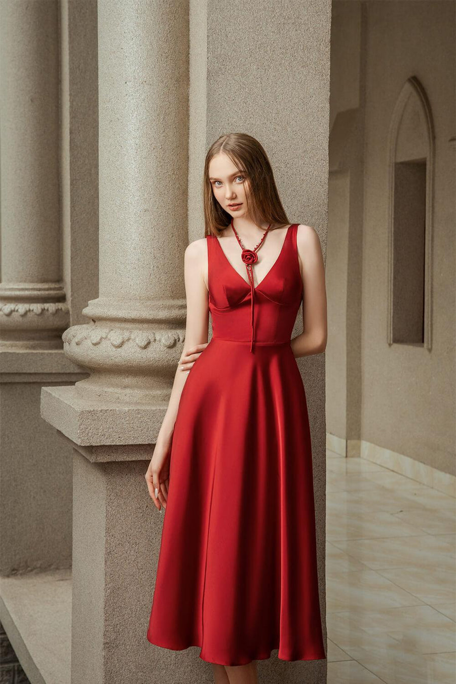 Crimson A-line V-Neck Silk Midi Dress Red Midi Dress Darling Diva