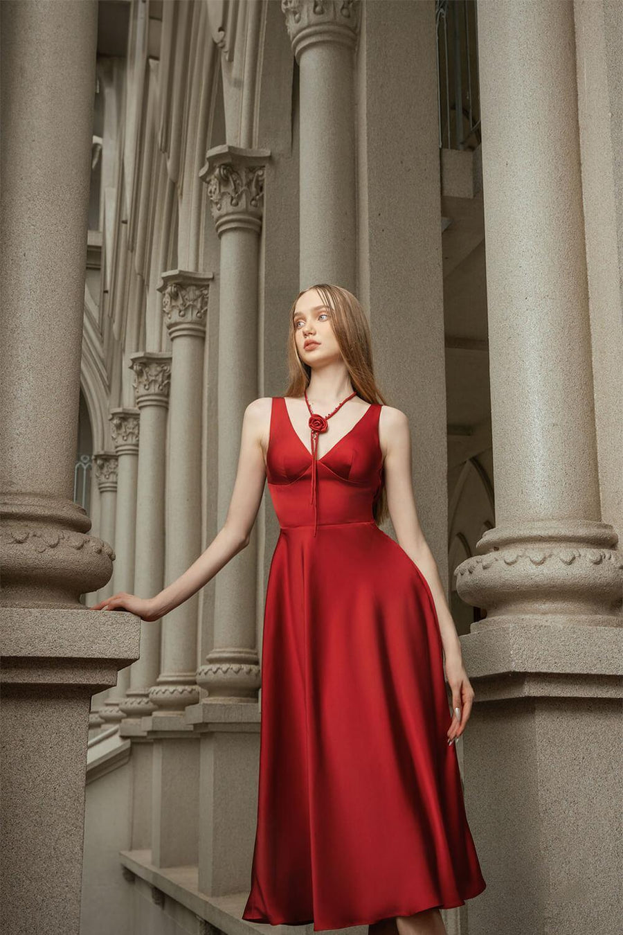 Crimson A-line V-Neck Silk Midi Dress Midi Dress Darling Diva