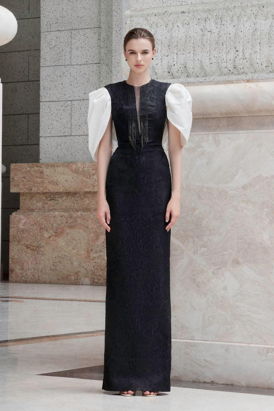 Crimson Sheath Round Neck Jacquard Floor Length Dress Black Gown Dress I.H.F Atelier