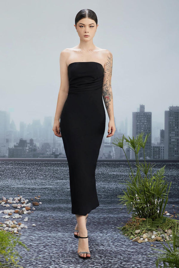 Crooked Skyline Strapless Waist Pleated Wool Cotton Midi Dress