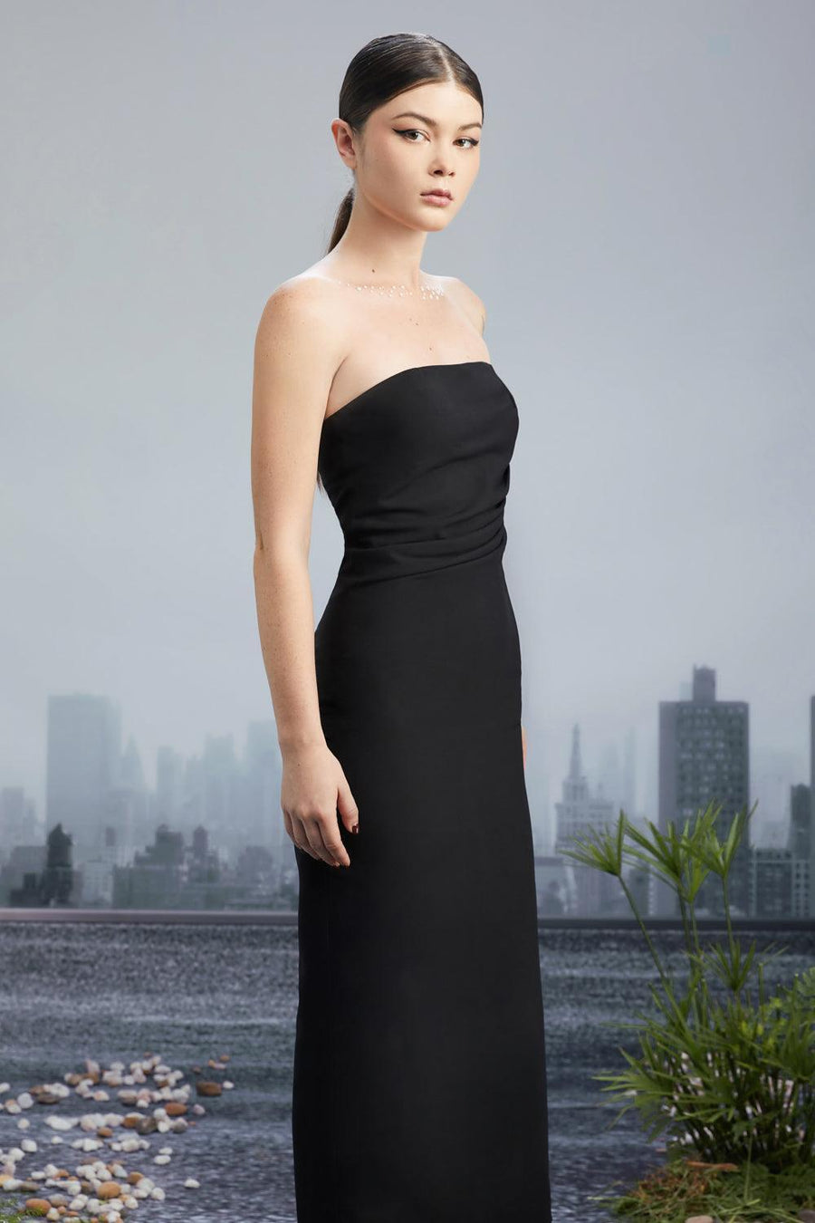 Crooked Skyline Strapless Waist Pleated Wool Cotton Midi Dress 2