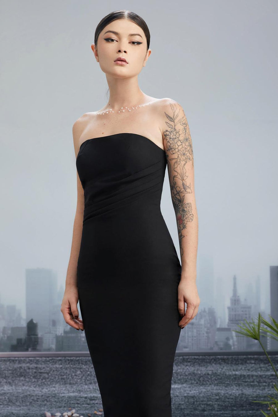 Crooked Skyline Strapless Waist Pleated Wool Cotton Midi Dress 3