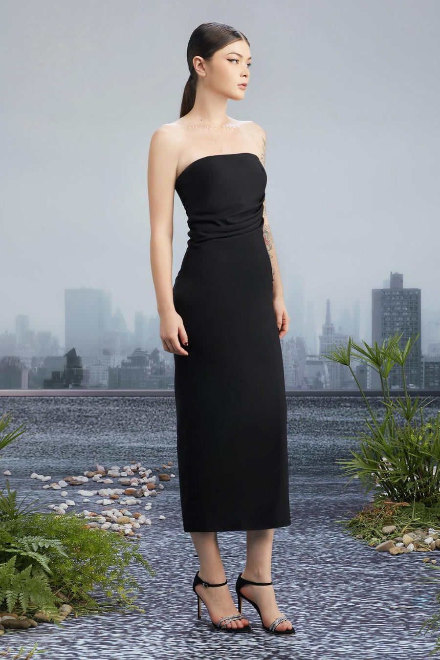 Crooked Skyline Strapless Waist Pleated Wool Cotton Midi Dress 4