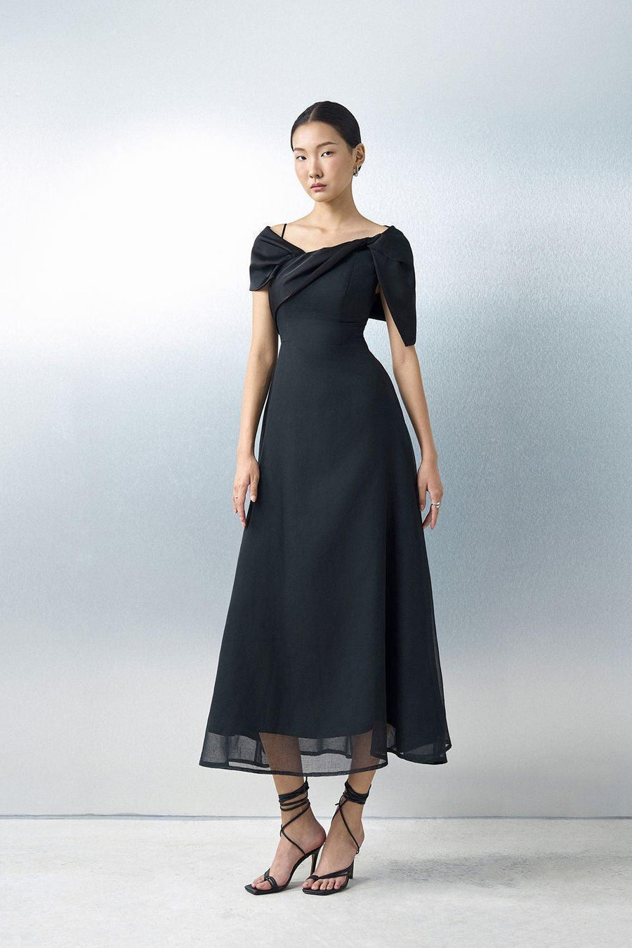 Crystal A-line Twisted Silk Ankle Length Dress Black Maxi Dress Eegen Studio