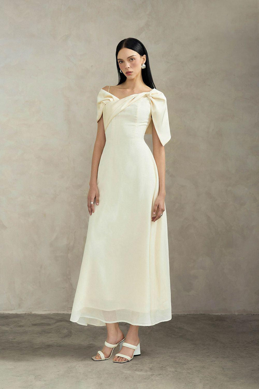 Crystal A-line Twisted Silk Ankle Length Dress Cream Maxi Dress Eegen Studio
