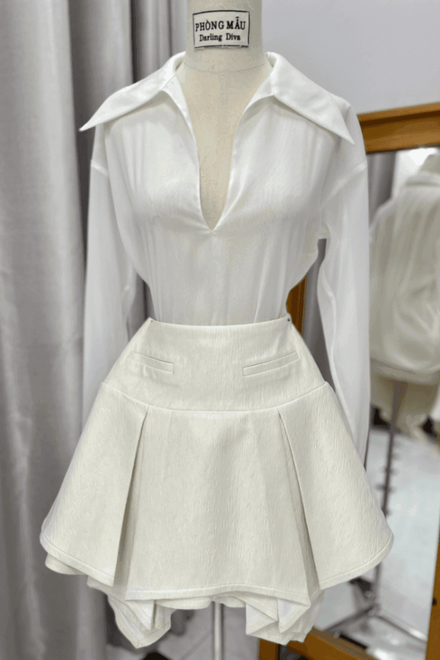 Crystal Straight Collared Neck Organza Satin Top Long Sleeved Top Darling Diva