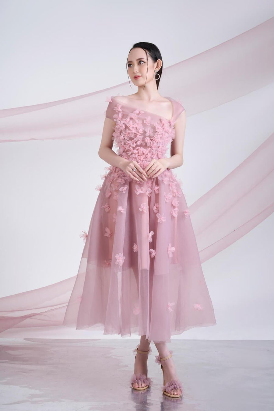 Cynna Fit and Flare Asymmetric Organza Midi Dress 1