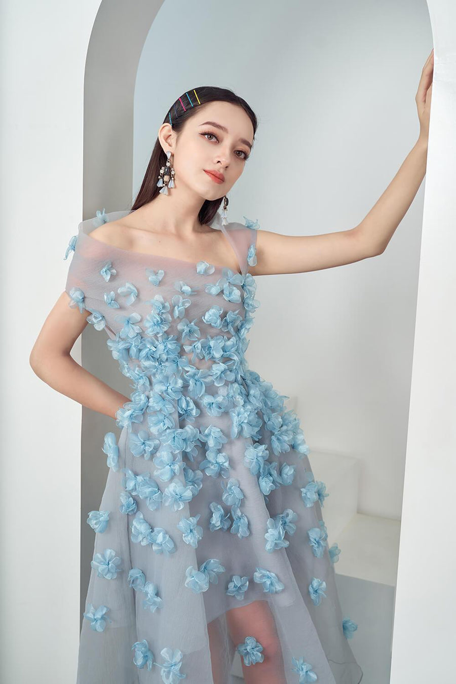 Cynna Fit and Flare Asymmetric Organza Midi Dress 10