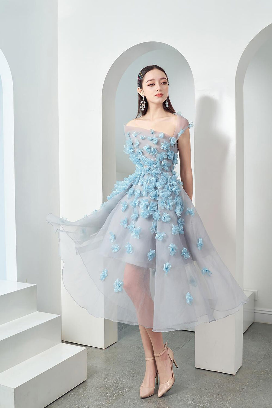 Cynna Fit and Flare Asymmetric Organza Midi Dress 11