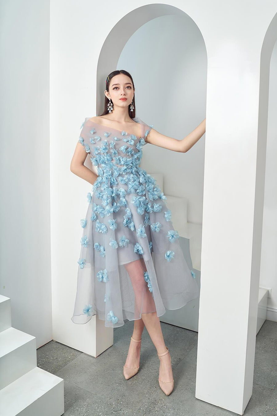 Cynna Fit and Flare Asymmetric Organza Midi Dress 12