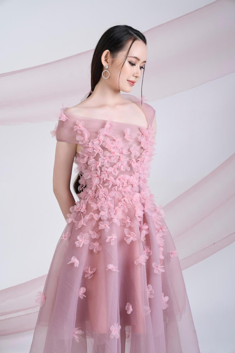 Cynna Fit and Flare Asymmetric Organza Midi Dress 2