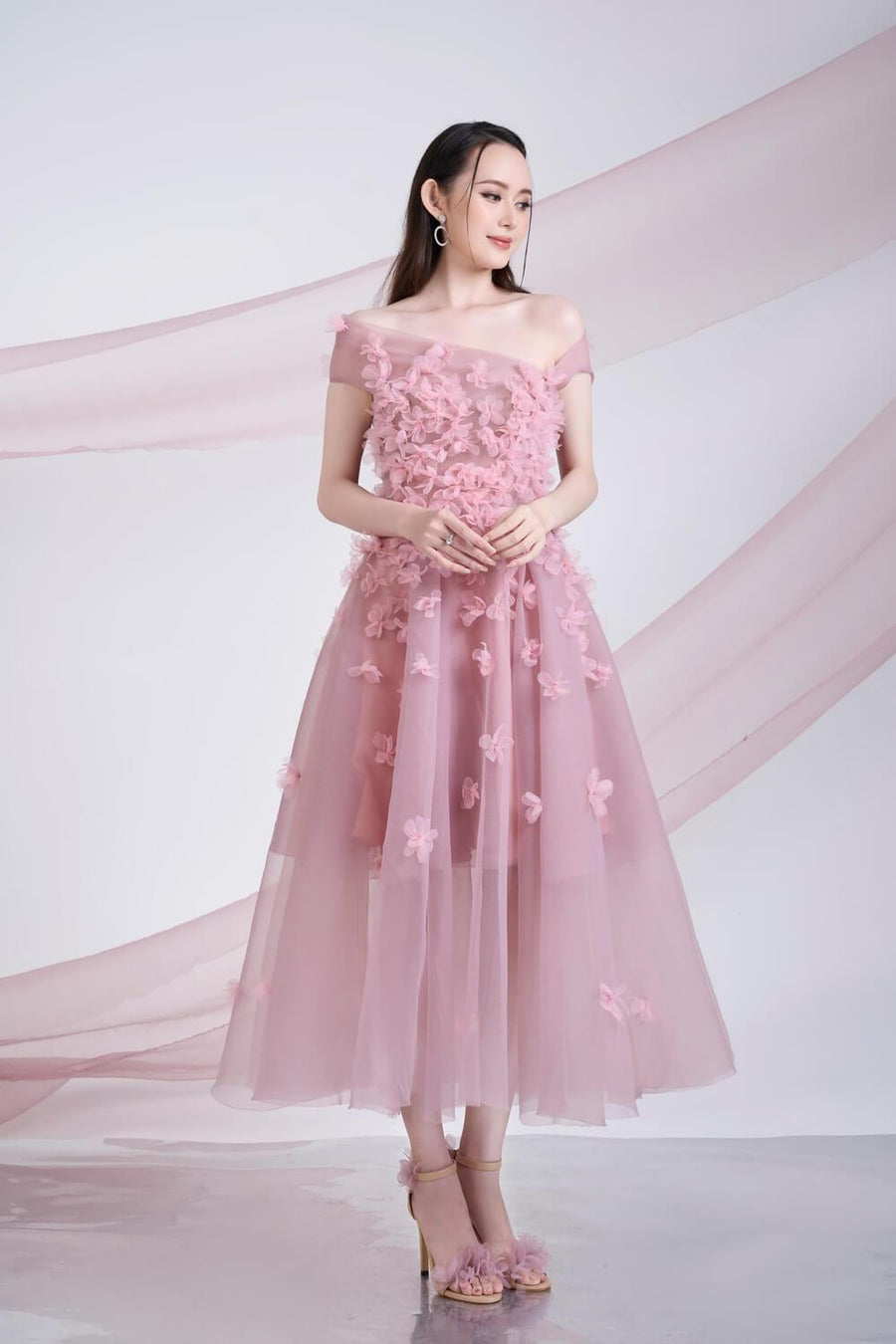Cynna Fit and Flare Asymmetric Organza Midi Dress 4