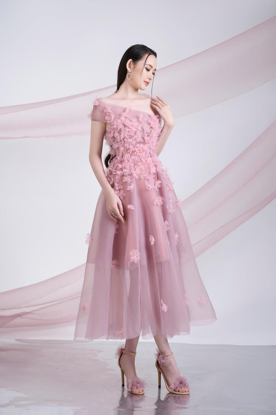 Cynna Fit and Flare Asymmetric Organza Midi Dress 5