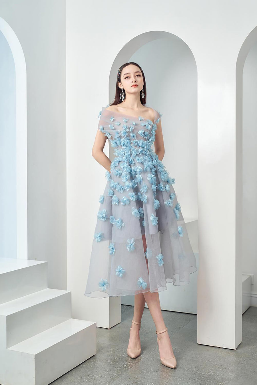 Cynna Fit and Flare Asymmetric Organza Midi Dress 6