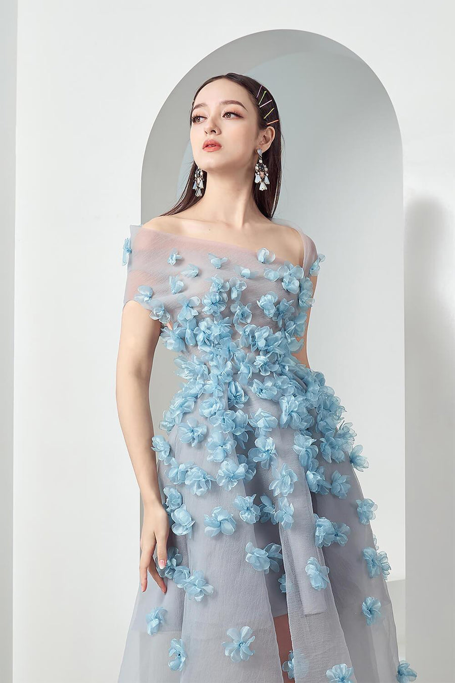 Cynna Fit and Flare Asymmetric Organza Midi Dress 7