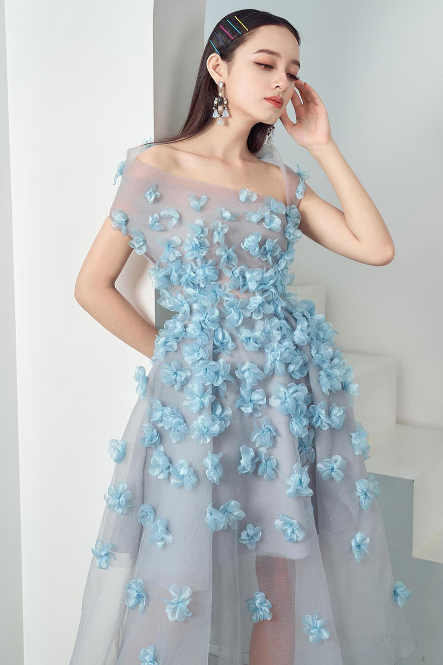 Cynna Fit and Flare Asymmetric Organza Midi Dress 8