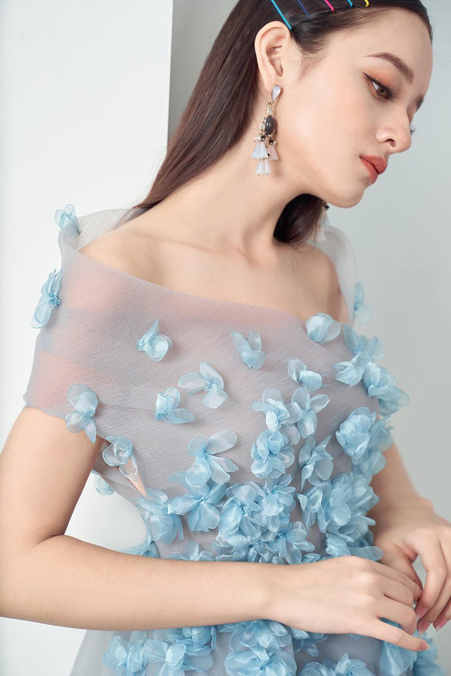 Cynna Fit and Flare Asymmetric Organza Midi Dress 9