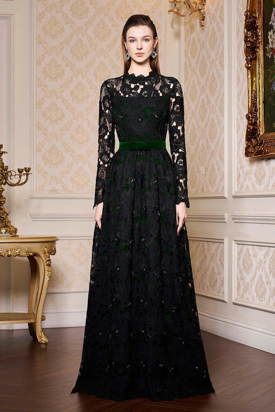 Dahlia A-line Lace Velvet Floor Length Dress Gown Dress I.H.F Atelier