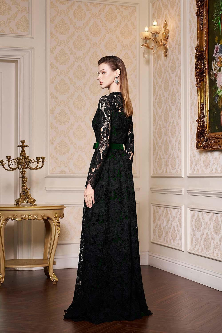 Dahlia A-line Lace Velvet Floor Length Dress Gown Dress I.H.F Atelier