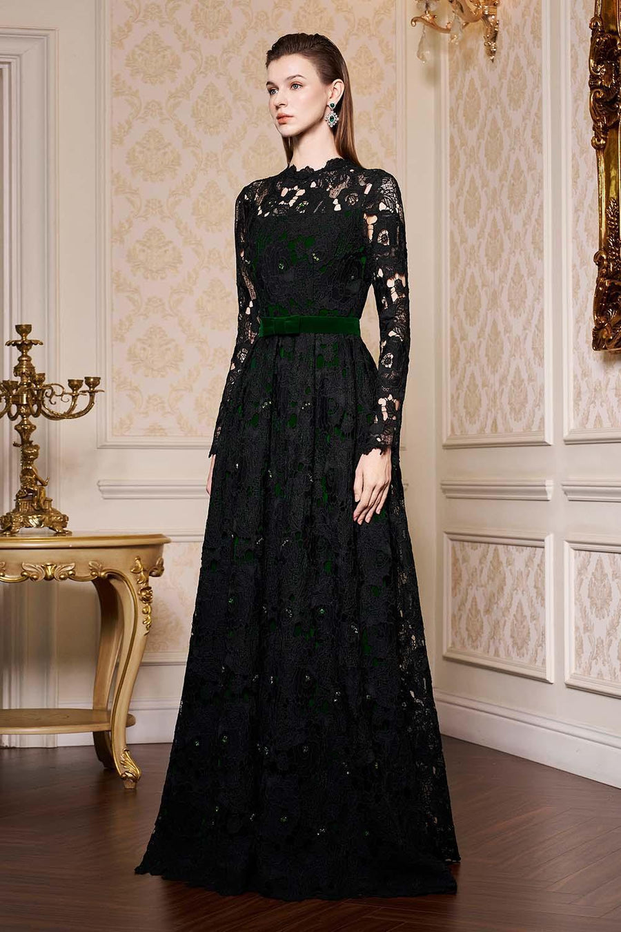 Dahlia A-line Lace Velvet Floor Length Dress Gown Dress I.H.F Atelier