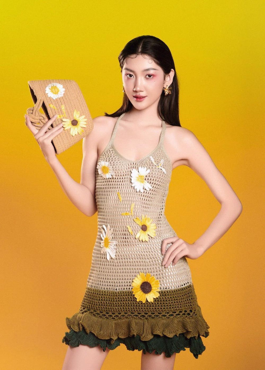 Daisy Vine Drop Waist Halter Neck Woolen Mini Dress 2