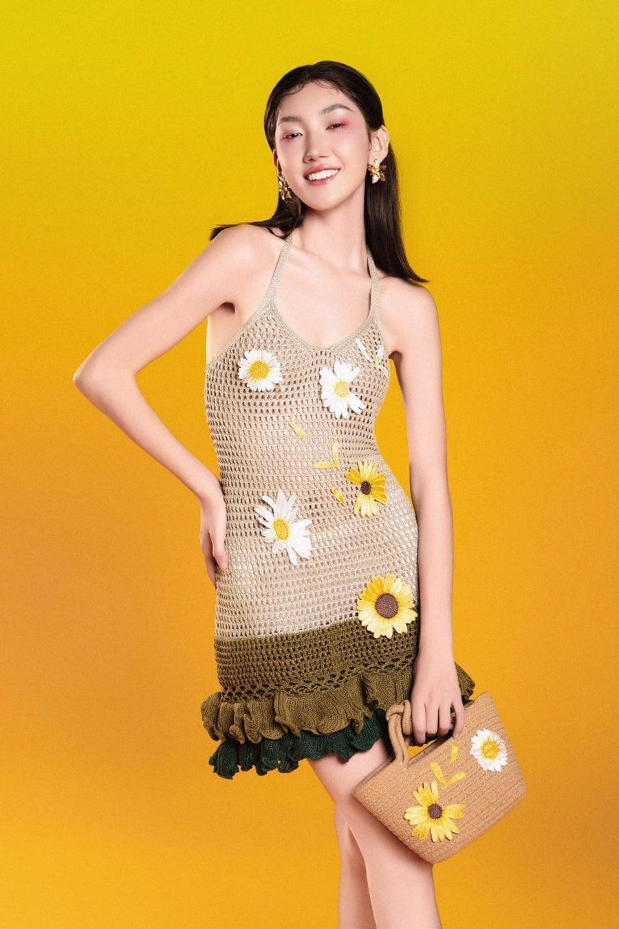Daisy Vine Drop Waist Halter Neck Woolen Mini Dress 4