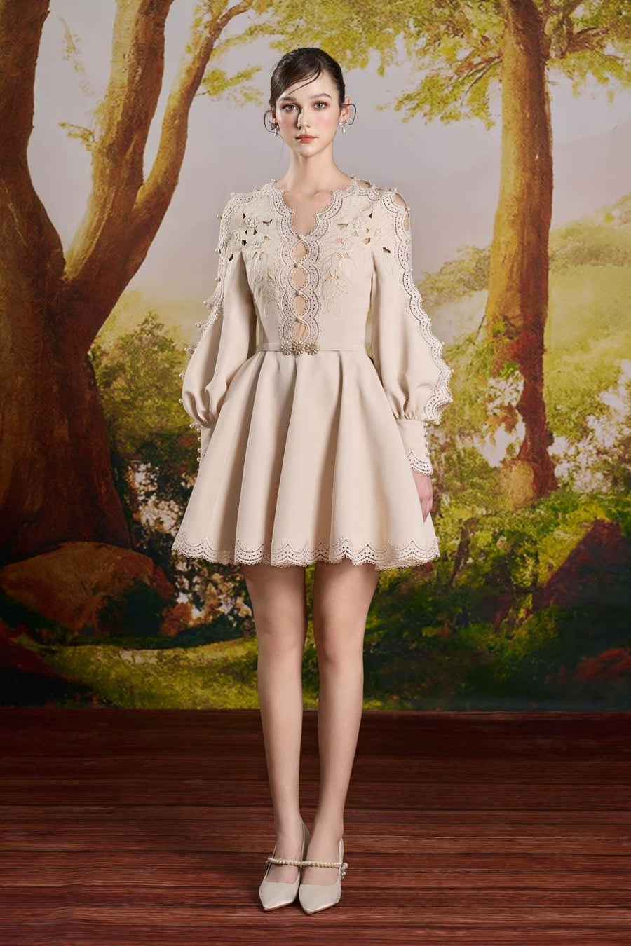 Dakota A-line Puffy Sleeved Lace Mini Dress Mini Dress Rosee de Matin