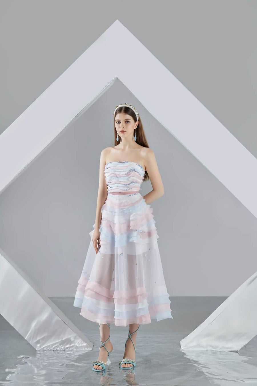 Dallas Strapless Layered Organza Midi Dress 5