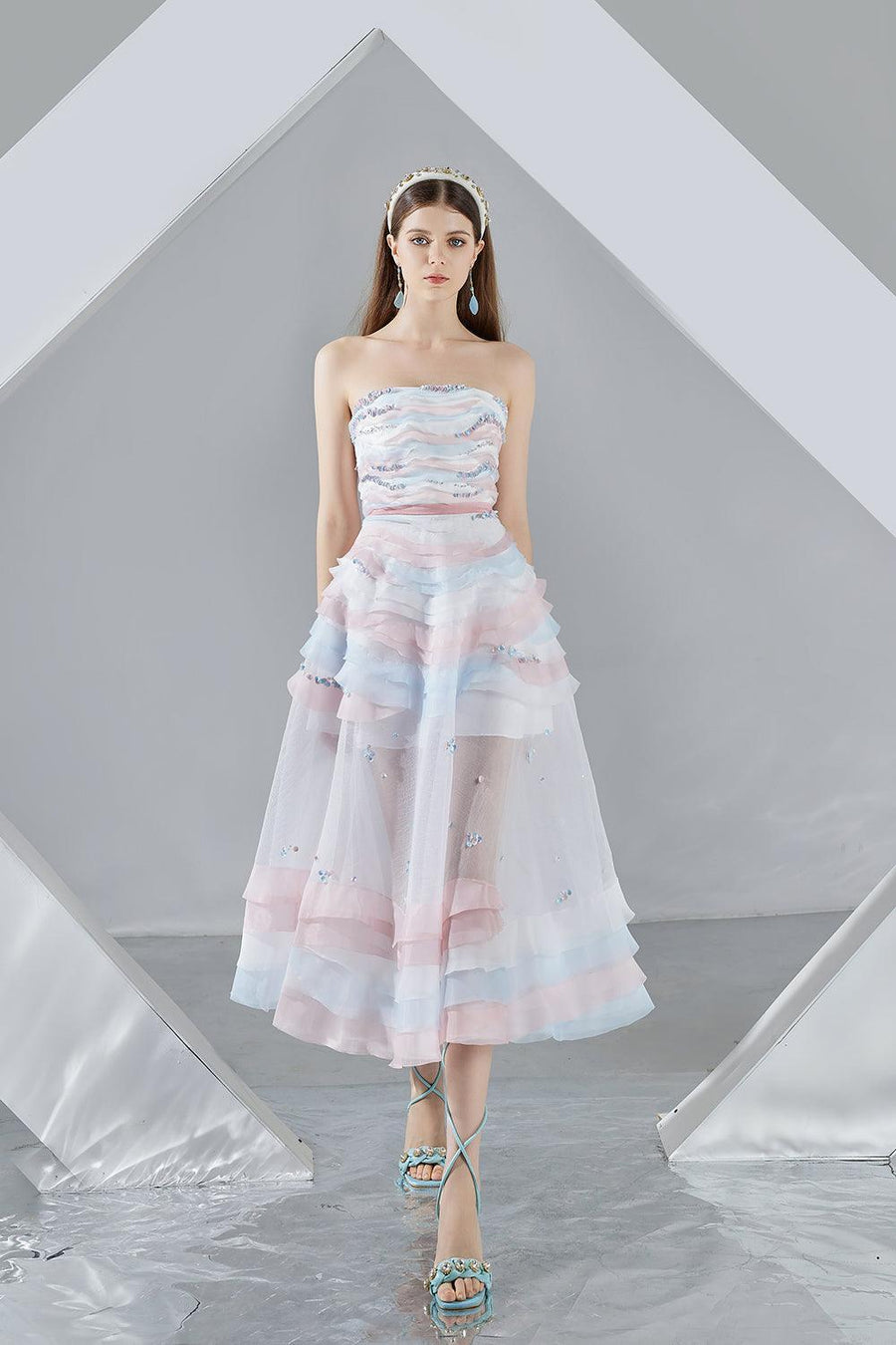 Dallas Strapless Layered Organza Midi Dress 6
