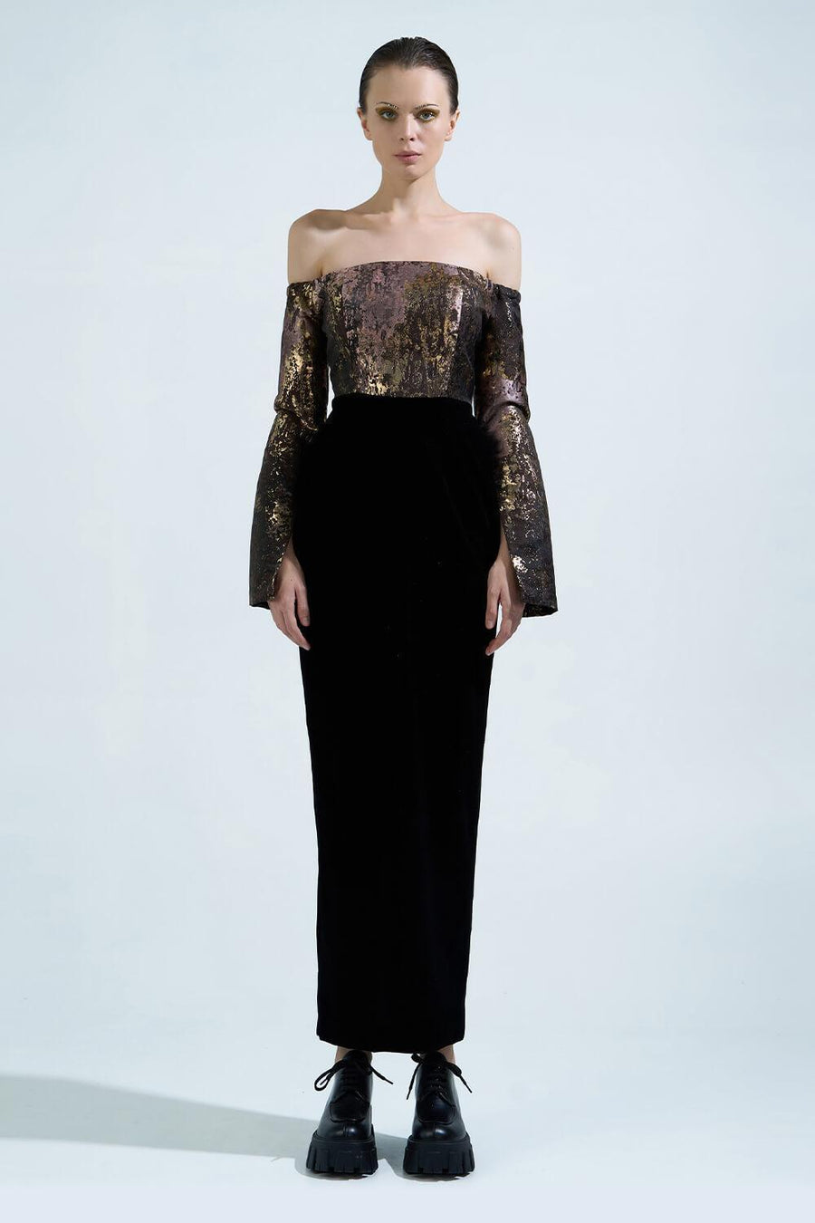 Dalya Pegged Off-Shoulder Brocade Ankle Length Dress 1