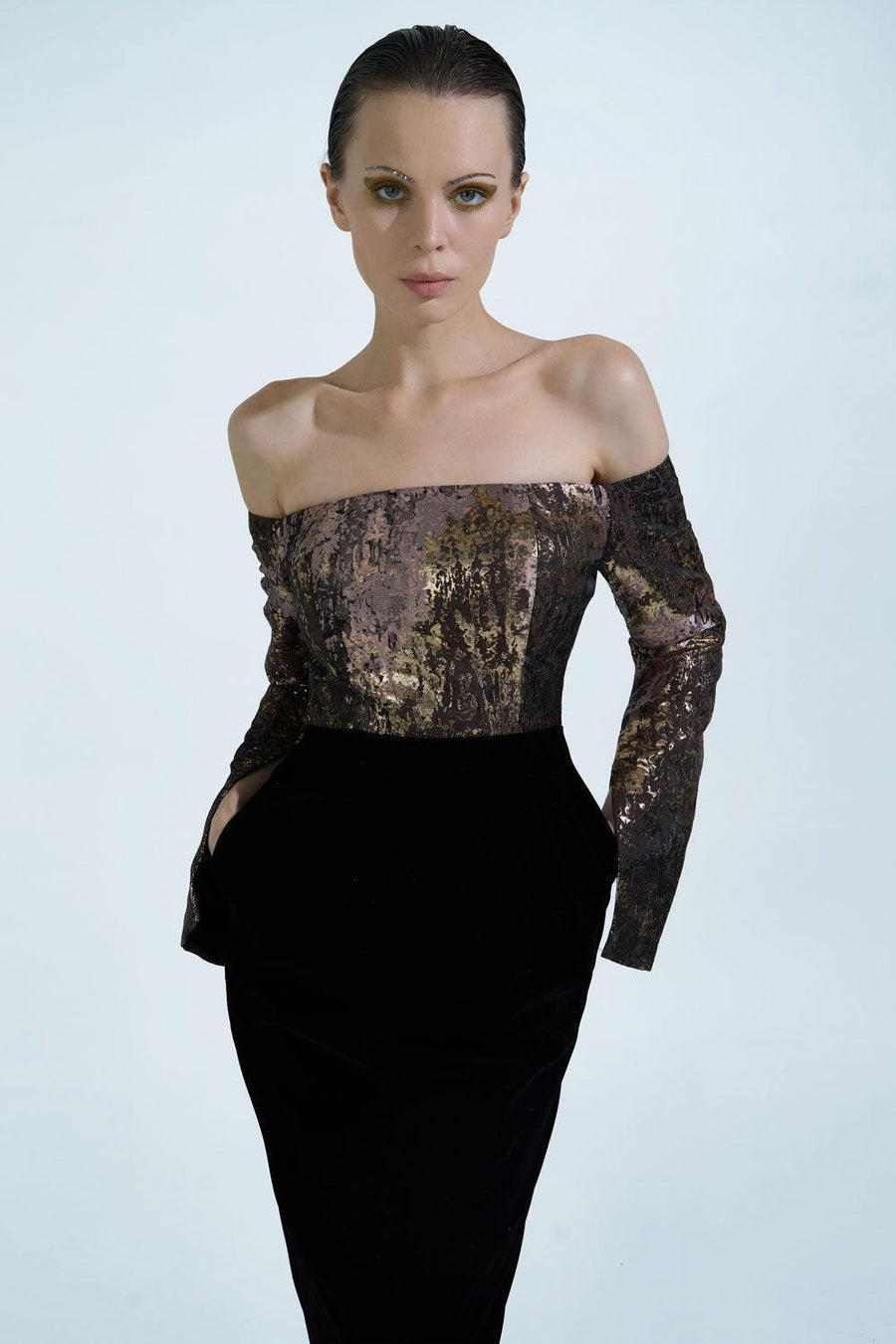 Dalya Pegged Off-Shoulder Brocade Ankle Length Dress 2