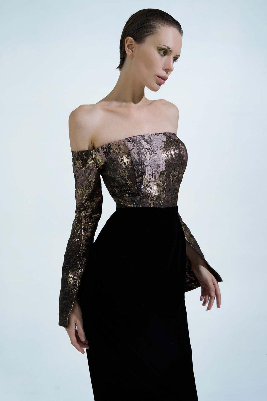 Dalya Pegged Off-Shoulder Brocade Ankle Length Dress 3