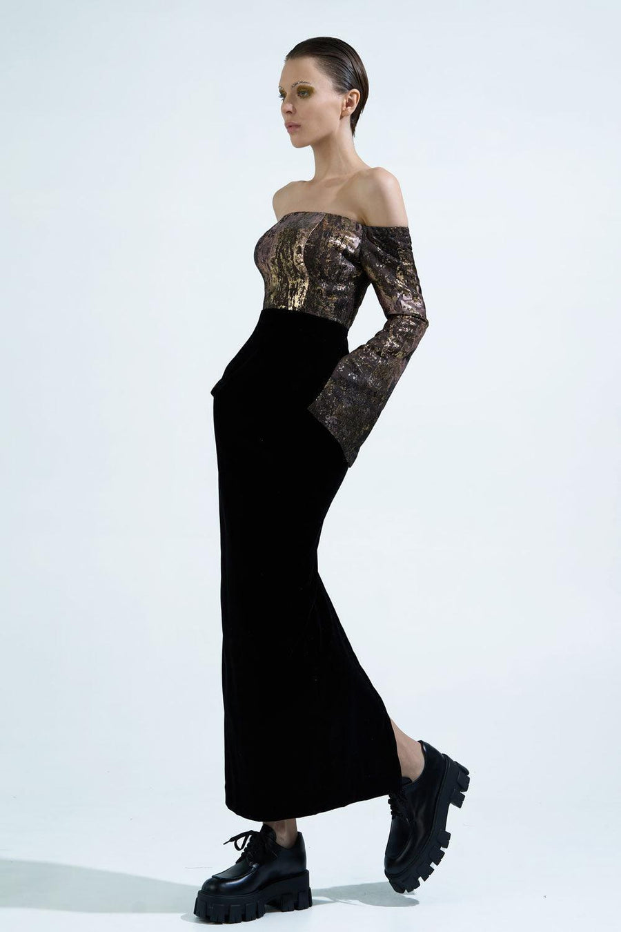 Dalya Pegged Off-Shoulder Brocade Ankle Length Dress 4