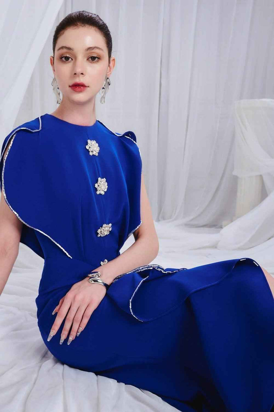 Damari Sarong Jewel Neck Foam Midi Dress
