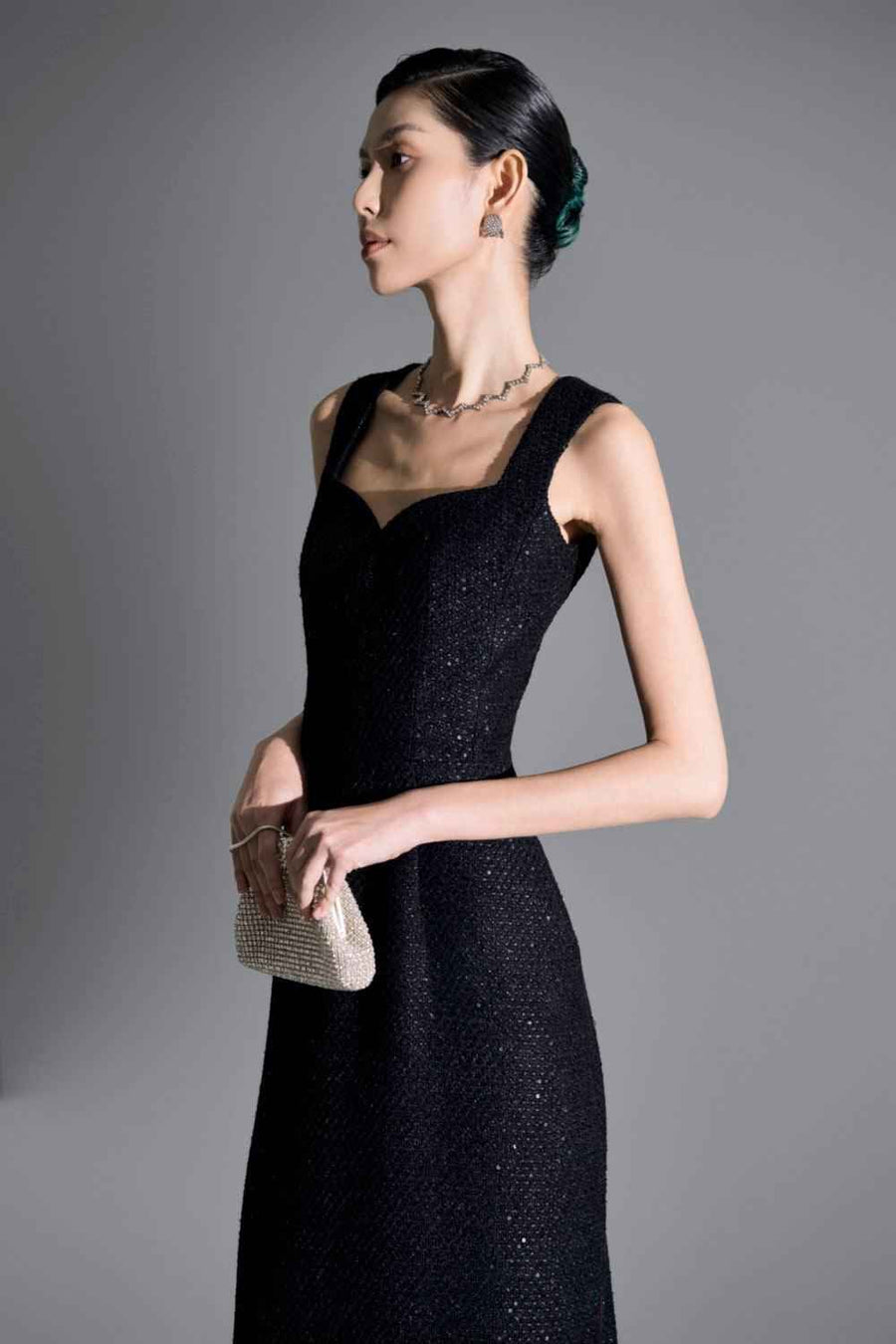 Danielle Sheath Sleeveless Tweed Maxi Dress