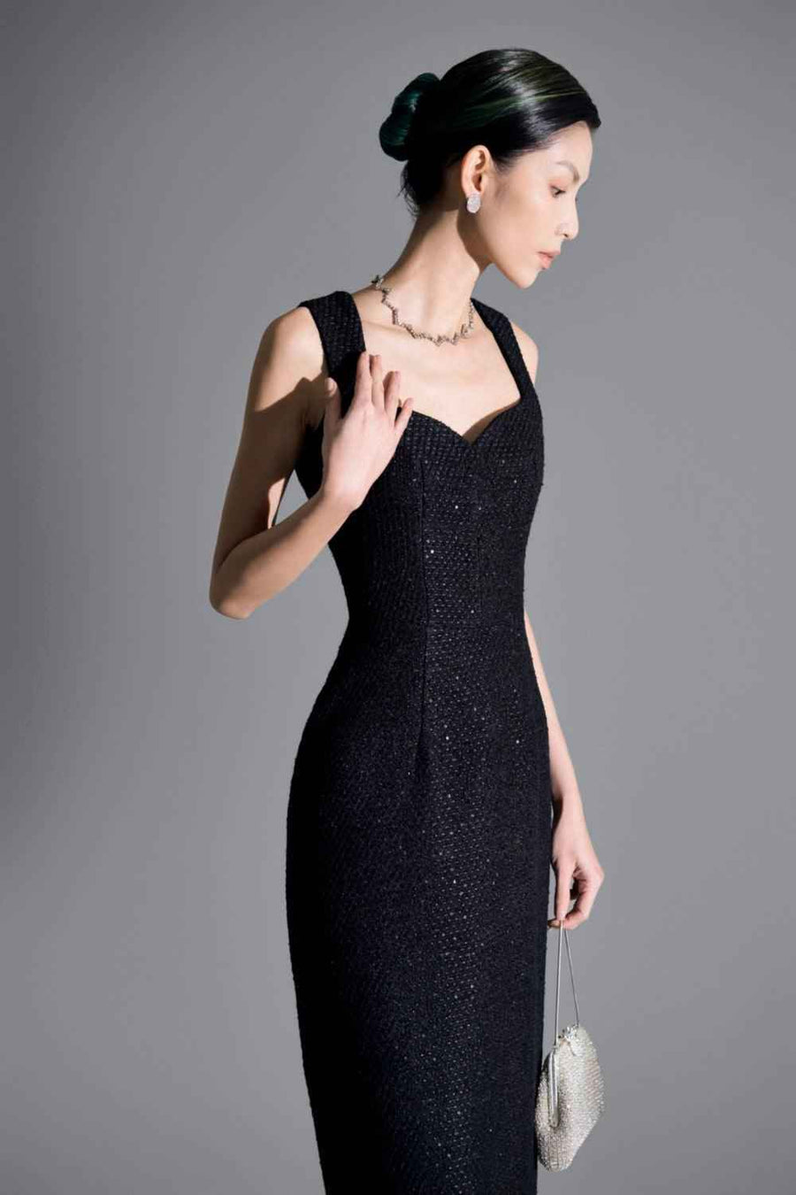 Danielle Sheath Sleeveless Tweed Maxi Dress