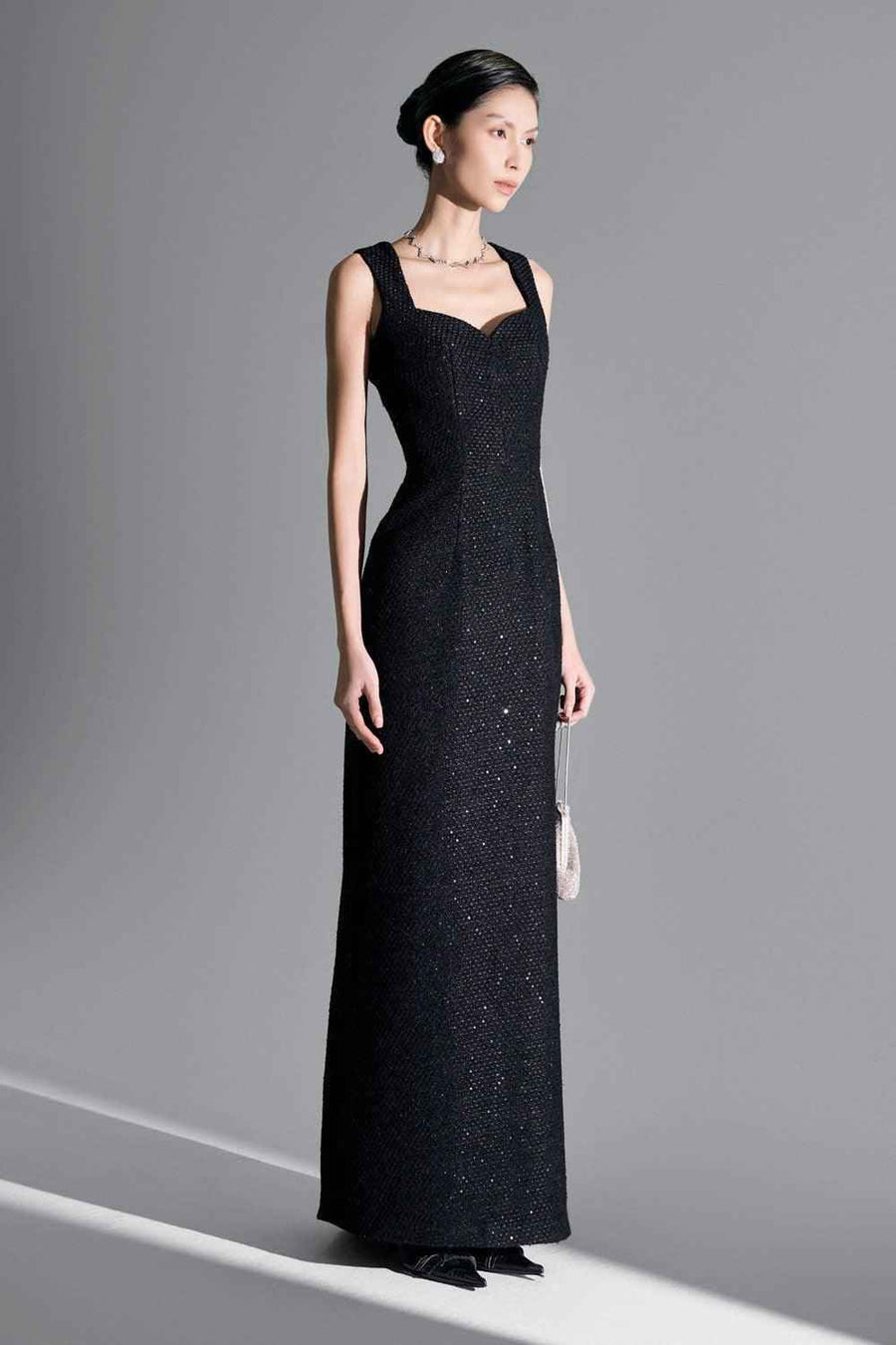 Danielle Sheath Sleeveless Tweed Maxi Dress