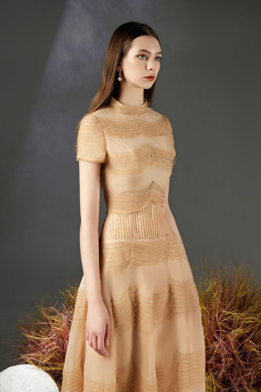 Davie A-line Waist Pleated Organza Midi Dress 3