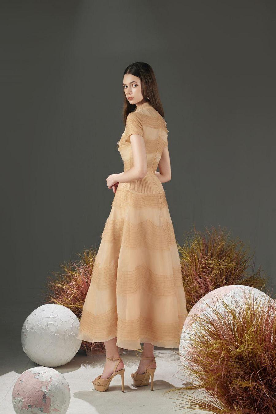 Davie A-line Waist Pleated Organza Midi Dress 4
