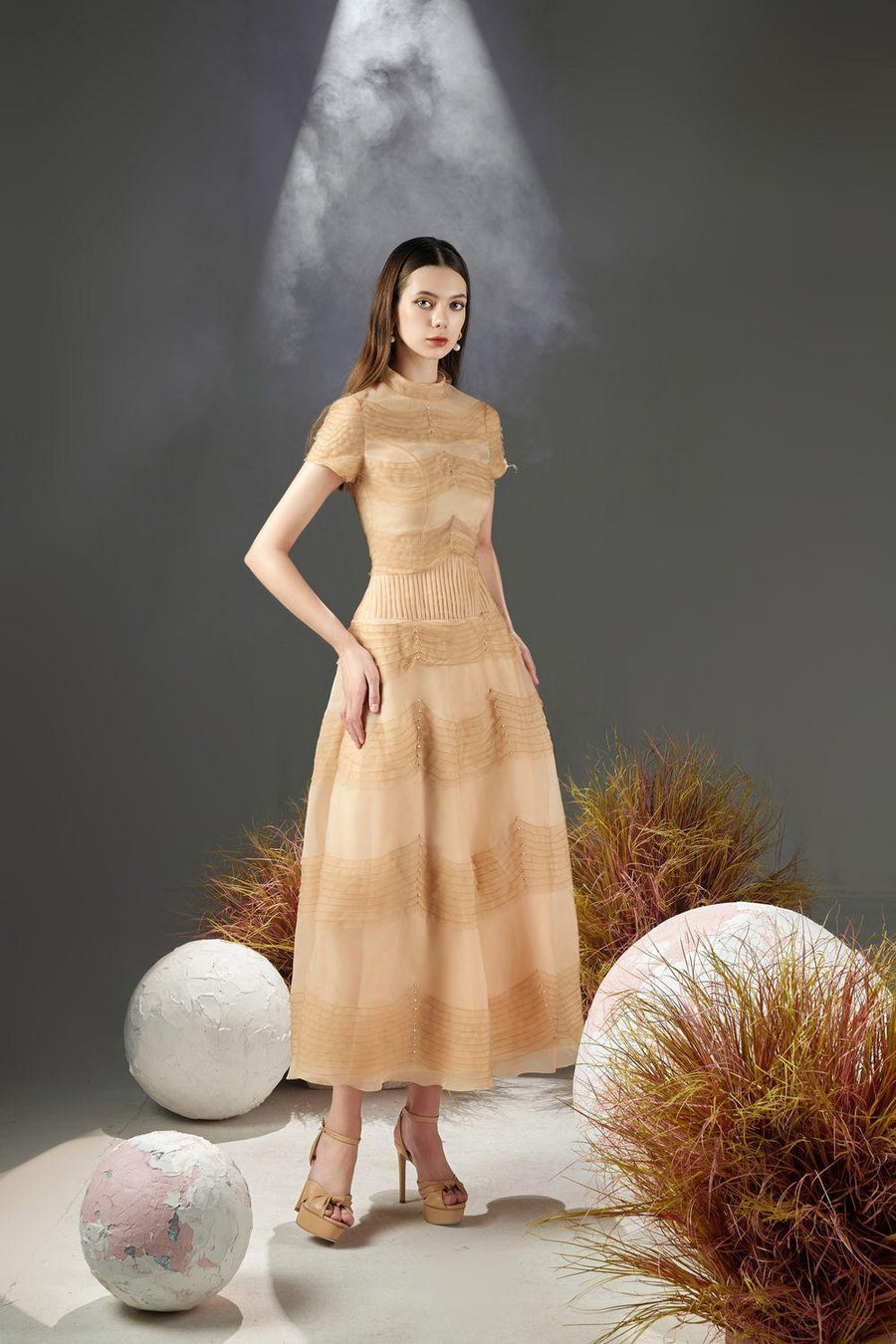 Davie A-line Waist Pleated Organza Midi Dress 5