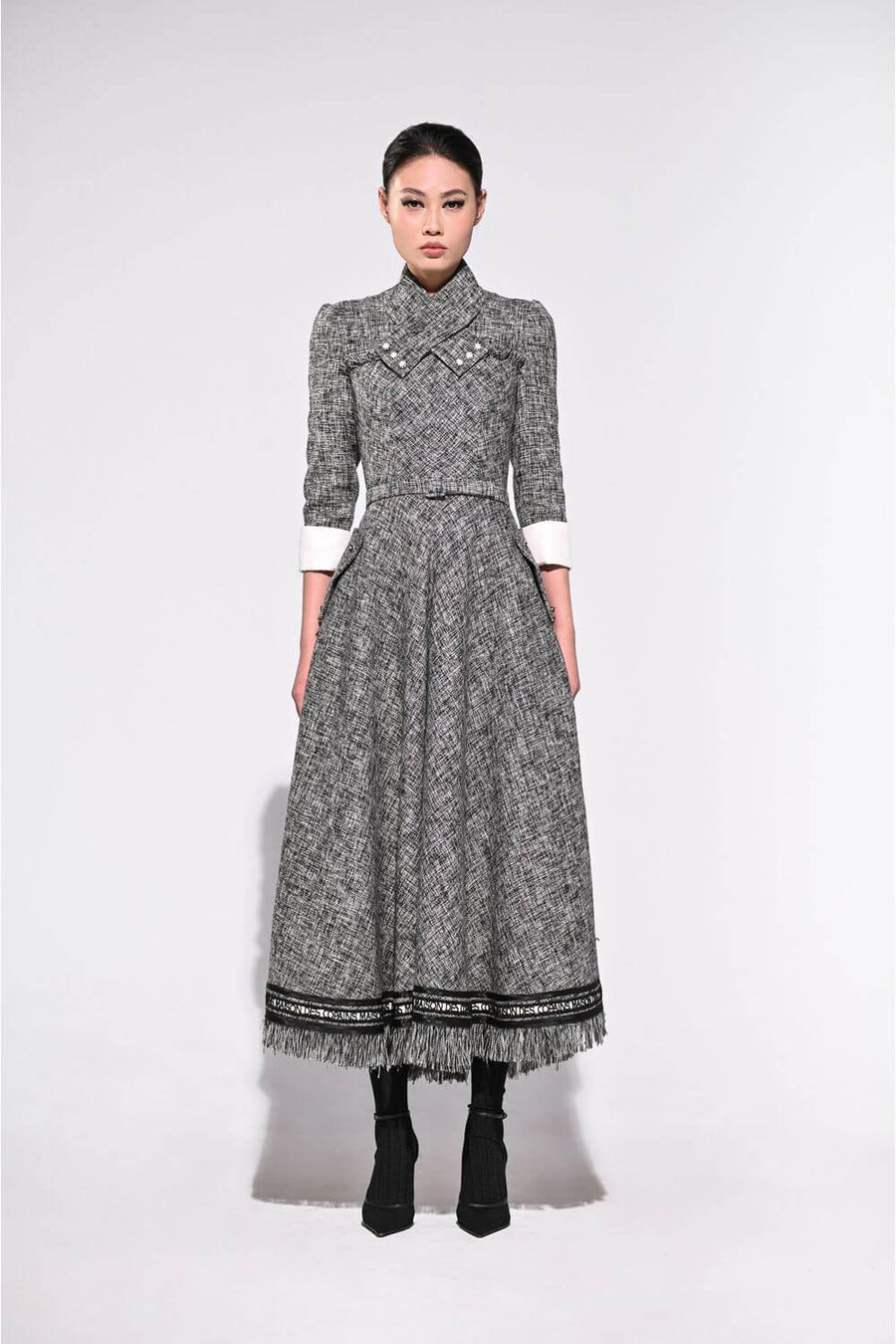Davis A-line Middle Sleeved Tweed Midi Dress Midi Dress Maison des Copains