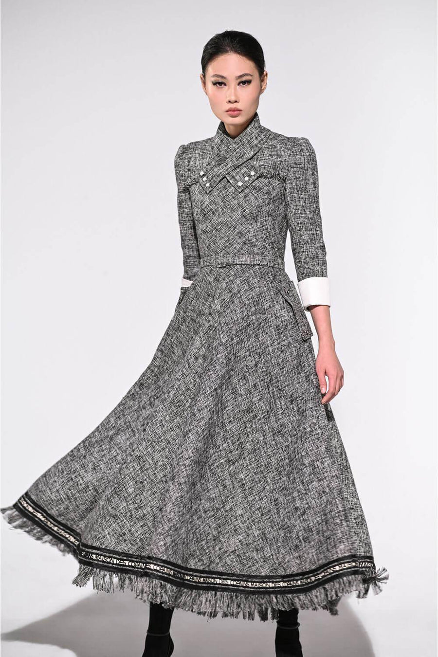 Davis A-line Middle Sleeved Tweed Midi Dress Midi Dress Maison des Copains