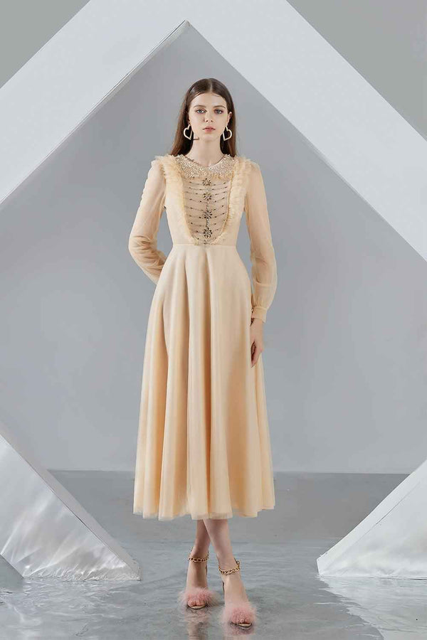 Della A-line Long Sleeved Organza Midi Dress