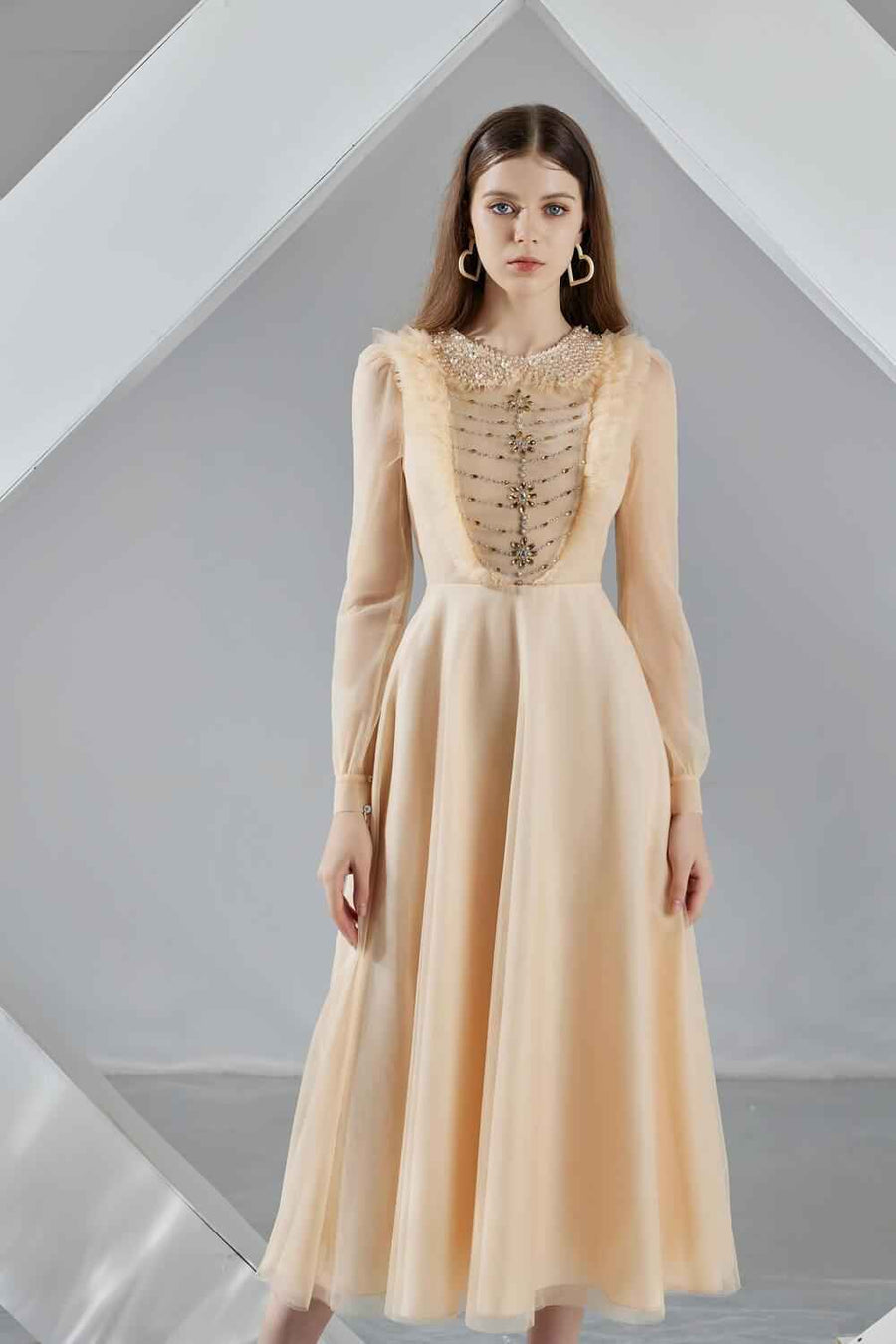 Della A-line Long Sleeved Organza Midi Dress