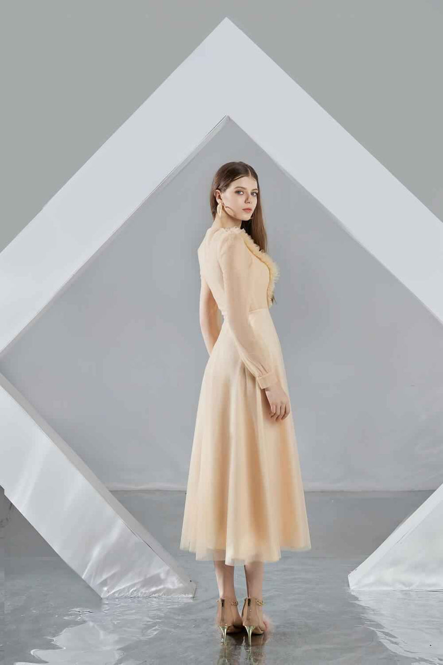 Della A-line Long Sleeved Organza Midi Dress