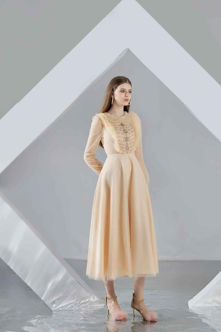 Della A-line Long Sleeved Organza Midi Dress